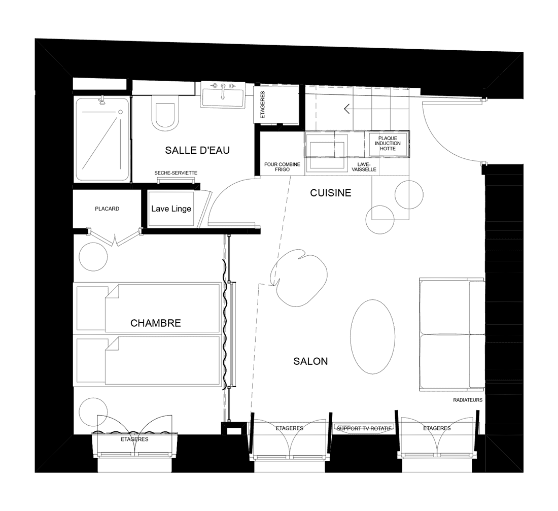 Plan de la transformation d'un studio en appartement 2 pieces
