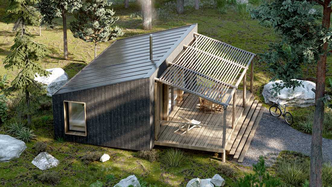 Construction d'une yakisugi house, cabane en bois en pleine nature - vue aérienne