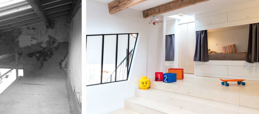 Photo avant et  après d'un loft avec une chambre d'enfant