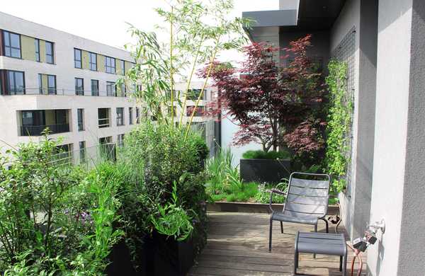 Aménagement paysager de la terrasse d'un penthouse à Nantes.