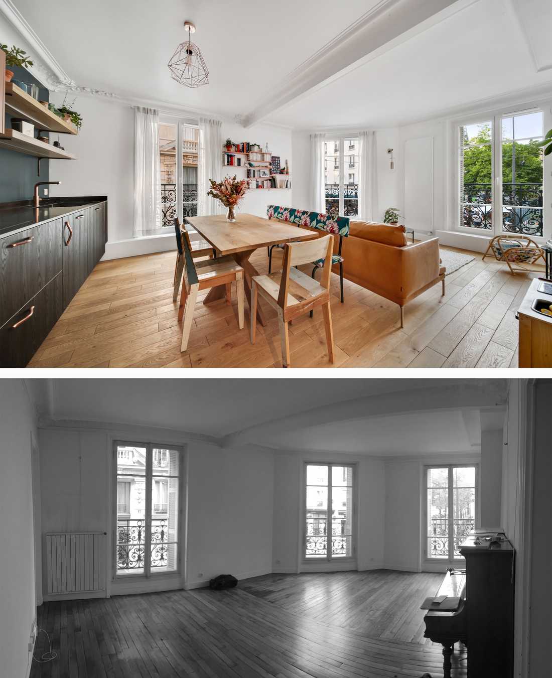 Before and after photo of the energy renovation of an apartment in Nantes